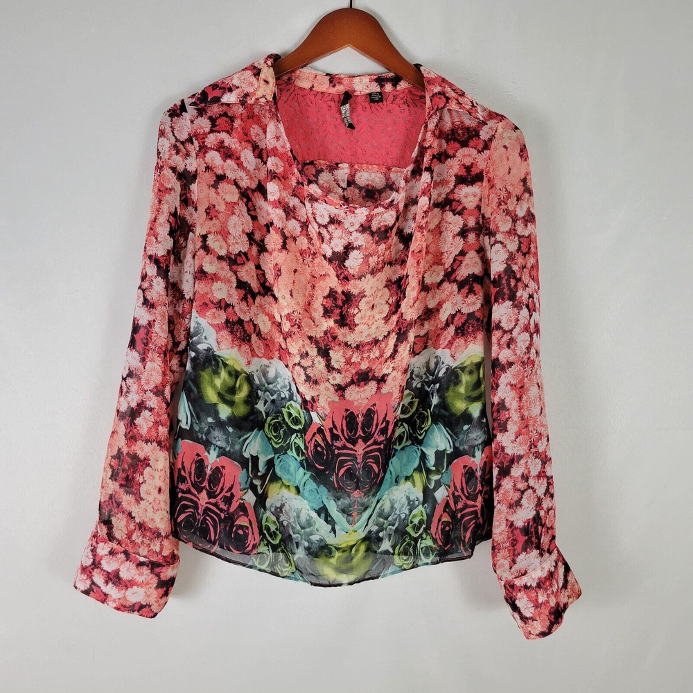 Skye's Womens Blouse‎ Medium Top Red Floral Long Sleeve Lace Back Collared